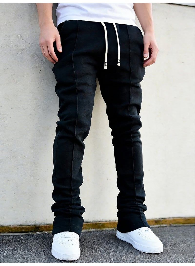 Men's Casual Pants Black Baggy Sweatpants with Front Seam Contrast Drawstring Oversized Streetwear Trousers - Image 2